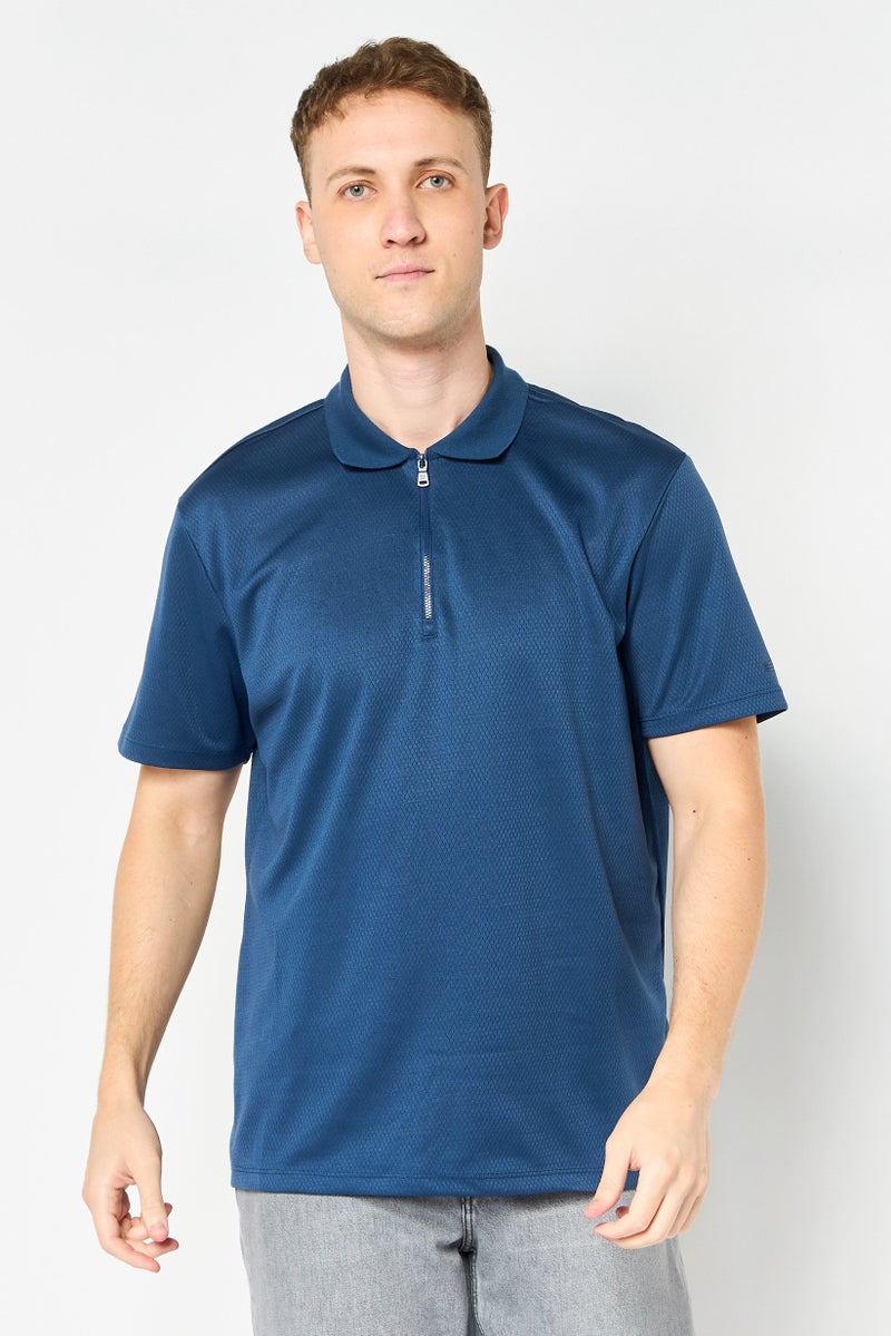 Chaps Men Regular Fit Textured Short Sleeve Half Zipper Polo Shirt, Navy Blue - Image 1